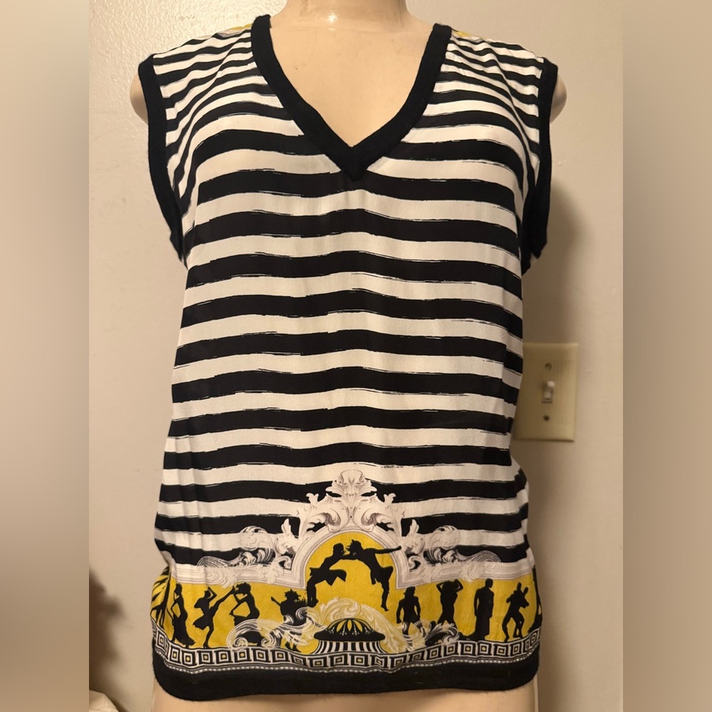 Versace Collection Striped Silk Tank Top with Yellow Detail